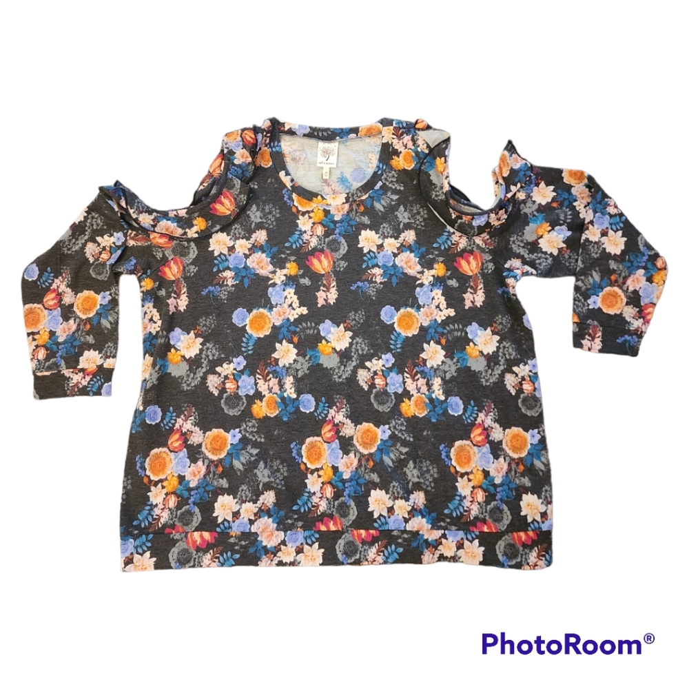 Self Esteem cold shoulder plus size floral sweater